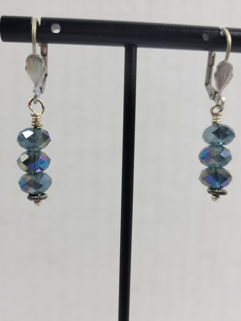 Vintage Iridescent Blue Crystal Bead Dangle Earrings‎ Aurora Borealis E138E